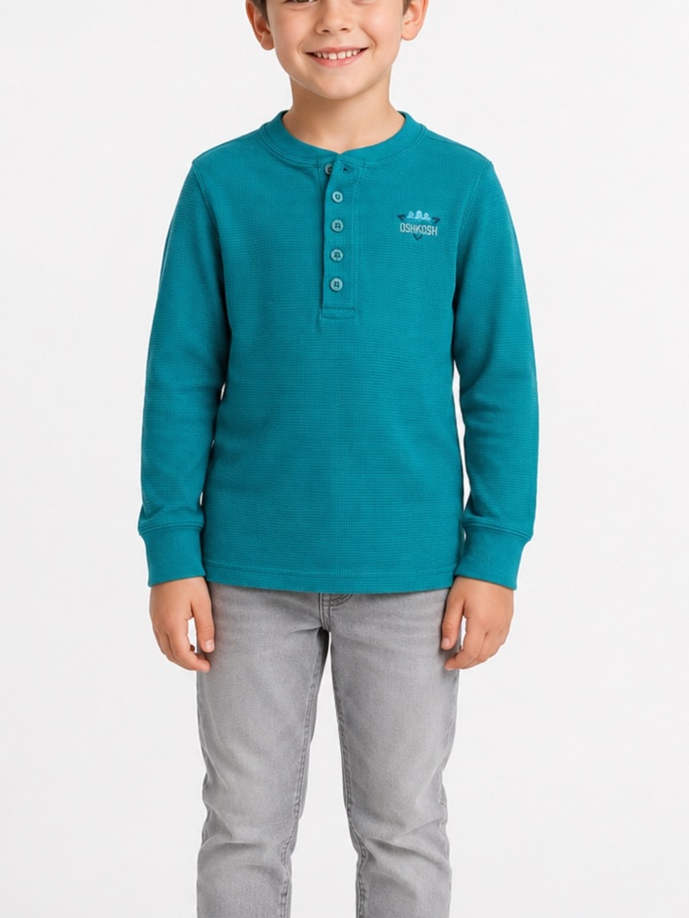 Vintage OshKosh B’gosh Waffle Henley Boys 7 Green Made USA